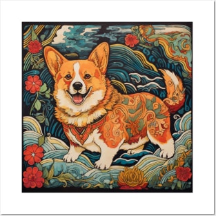 Corgi Tropical Woodblock Posters and Art